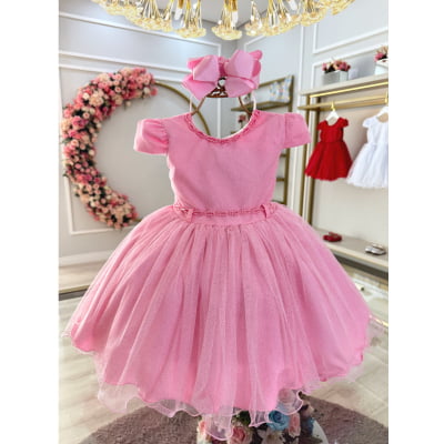 Vestido Infantil Rosa Luxo Pérolas Glitter Daminhas Festas