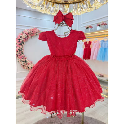 Vestido Infantil Vermelho Cinto de Pérolas Batizado Festas