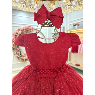 Vestido Infantil Vermelho Cinto de Pérolas Batizado Festas