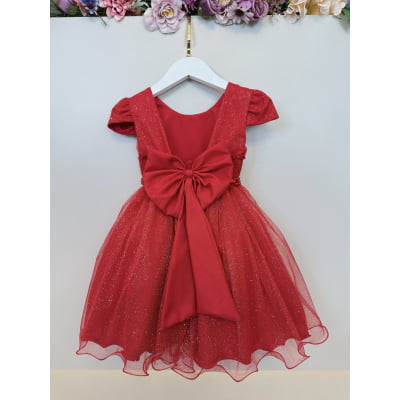 Vestido Infantil Vermelho Cinto de Pérolas Batizado Festas