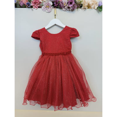 Vestido Infantil Vermelho Cinto de Pérolas Batizado Festas