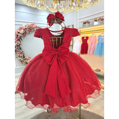 Vestido Infantil Vermelho Cinto de Pérolas Batizado Festas