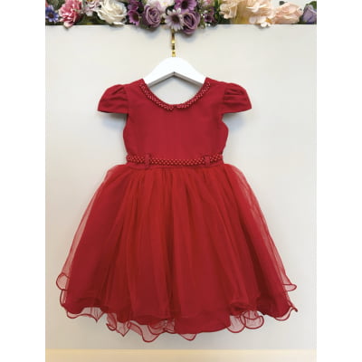 Vestido Infantil Vermelho Luxo C/ Pérolas Daminhas Festas