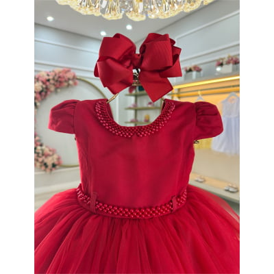 Vestido Infantil Vermelho Luxo C/ Pérolas Daminhas Festas