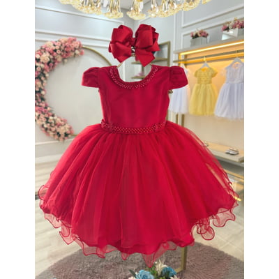 Vestido Infantil Vermelho Luxo C/ Pérolas Daminhas Festas