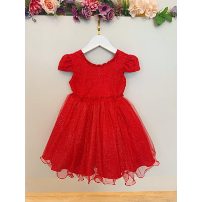 Vestido Infantil Vermelho Luxo Pérolas Glitter Daminhas Festas
