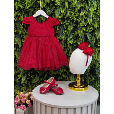 Vestido Infantil Vermelho Luxo Pérolas Glitter Daminhas Festas