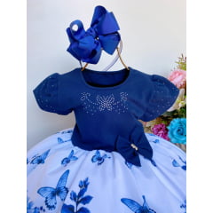 Vestido Infantil Azul Marinho Peito Tecido de Algodão Strass