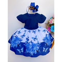 Vestido Infantil Azul Marinho Peito Tecido de Algodão Strass
