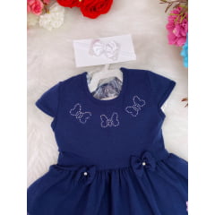 Vestido Infantil em Malha Azul Marinho Laços C/ Calcinha