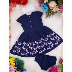Vestido Infantil em Malha Azul Marinho Laços C/ Calcinha