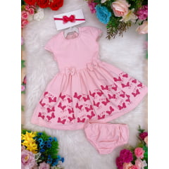 Vestido Infantil em Malha Rosa Laços C/ Calcinha