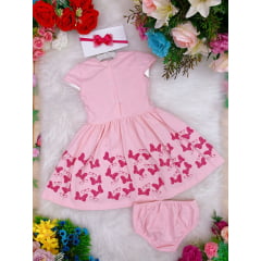 Vestido Infantil em Malha Rosa Laços C/ Calcinha