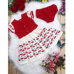 Vestido Infantil em Malha Vermelho e Off Cereja C/ Calcinha
