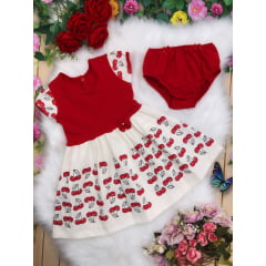 Vestido Infantil em Malha Vermelho e Off Cereja C/ Calcinha