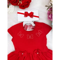 Vestido Infantil em Malha Vermelho Laços C/ Calcinha