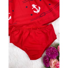Vestido Infantil em Malha Vermelho Marinheiro C/ Calcinha