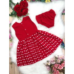 Vestido Infantil Malha C/Calcinha Bolinhas e Strass Vermelho