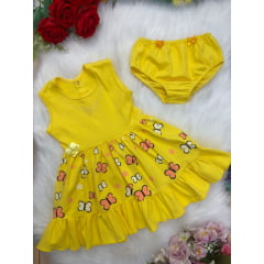 Vestido Infantil Malha C/Calcinha Borboletas Strass Amarelo
