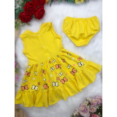 Vestido Infantil Malha C/Calcinha Borboletas Strass Amarelo
