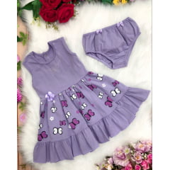 Vestido Infantil Malha C/Calcinha Borboletas Strass Lilás