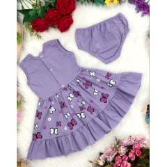 Vestido Infantil Malha C/Calcinha Borboletas Strass Lilás