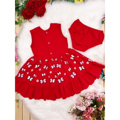 Vestido Infantil Malha C/Calcinha Borboletas Strass Vermelho