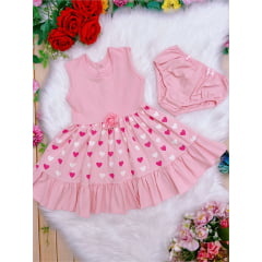 Vestido Infantil Malha C/Calcinha Coração Strass Rosa