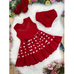 Vestido Infantil Malha C/Calcinha Coração Strass Vermelho