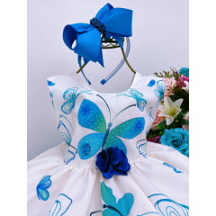 Vestido Infantil Off Borboletas Azul Aplique de Flor