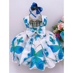 Vestido Infantil Off Borboletas Azul Aplique de Flor