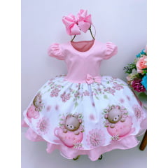 Vestido Infantil Rosa Ursinhos Flores Busto de Algodão