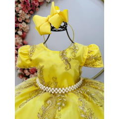 Vestido Infantil Amarelo C/ Renda Realeza Dourada e Pérolas