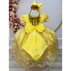 Vestido Infantil Amarelo C/ Renda Realeza Dourada e Pérolas
