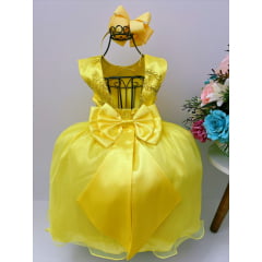Vestido Infantil Amarelo Com Renda Busto Cinto Strass Luxo