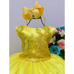 Vestido Infantil Amarelo Com Renda Busto Cinto Strass Luxo