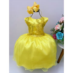 Vestido Infantil Amarelo Com Renda Busto Cinto Strass Luxo