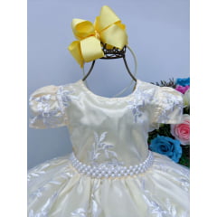 Vestido Infantil Amarelo Renda Branca Realeza Cinto Pérolas