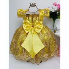 Vestido Infantil Amarelo Renda Dourada Realeza Cinto Strass