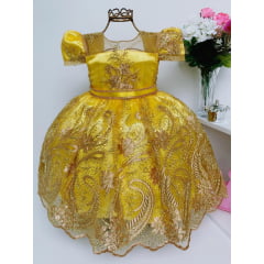 Vestido Infantil Amarelo Renda Dourada Realeza Cinto Strass