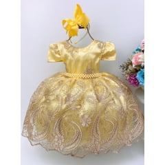 Vestido Infantil Amarelo C/ Renda Realeza Dourada