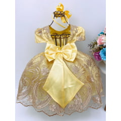 Vestido Infantil Amarelo C/ Renda Realeza Dourada