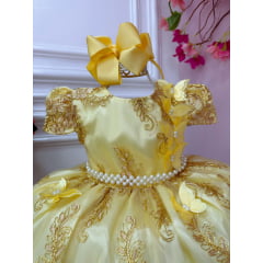 Vestido Infantil Amarelo Renda Realeza e Aplique Borboletas