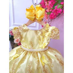 Vestido Infantil Amarelo Renda Realeza e Aplique Borboletas