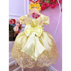 Vestido Infantil Amarelo Renda Realeza e Aplique Borboletas