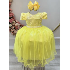 Vestido Infantil Amarelo Tule C/ Renda Casamento Luxo