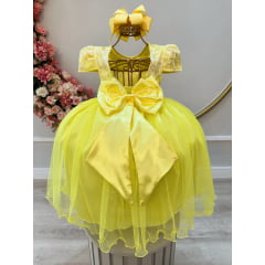 Vestido Infantil Amarelo Tule C/ Renda Casamento Luxo