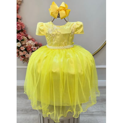 Vestido Infantil Amarelo Tule C/ Renda Casamento Luxo