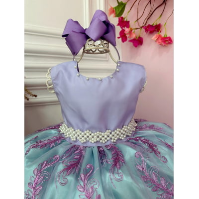 Vestido Infantil Ariel Princesa C/ Renda e Cinto de Pérolas