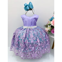 Vestido Infantil Ariel Princesa Cinto Pérolas Com Renda Fosca